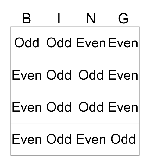 Odd and Even Numbers Bingo Card