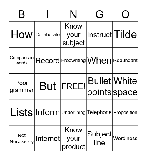 Business Writing BINGO Card