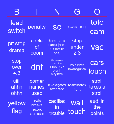 Bri’isch gran pri Bingo Card