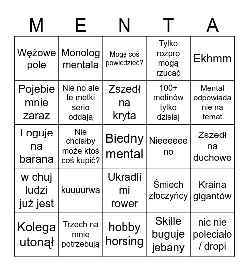 MENTAL BINGO Card