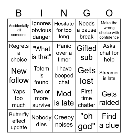 ScaredyChlo's Until Dawn Bingo! (Post in discord) Bingo Card
