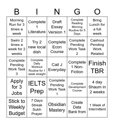July's Goal Bingo Card