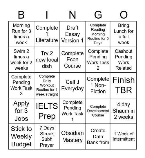July's Goal Bingo Card