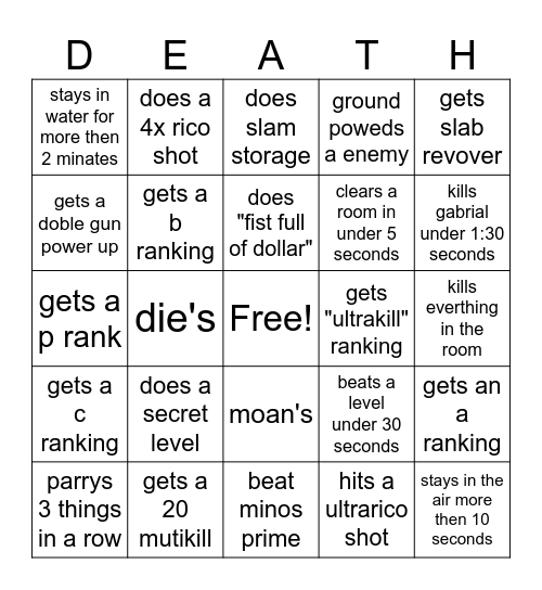 ultrakill bingo Card