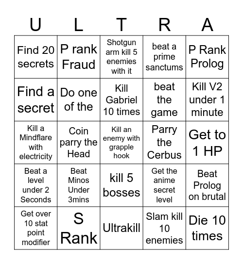 UltraKill Bingo Card