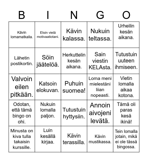 Kesäloman jälkeen Bingo Card