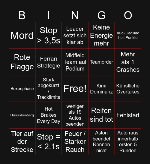 F1 Hamilton Land GP Bingo Card