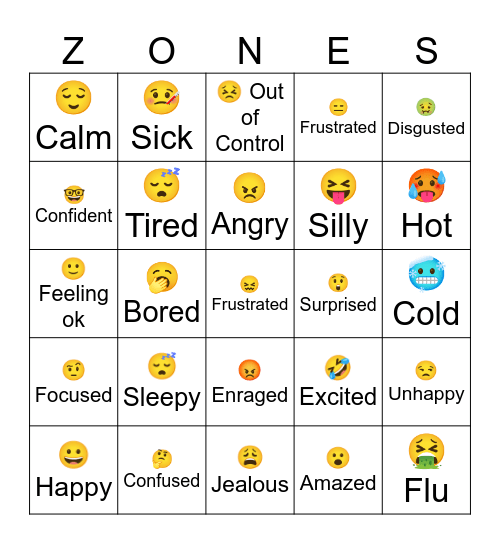 Zones of Regulation Bingo Card