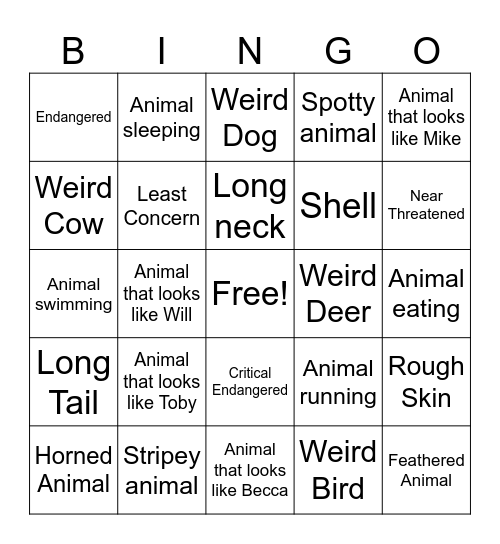 Zooingo! Bingo Card