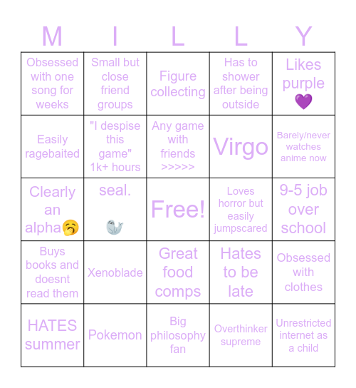Milly's bingo! Bingo Card