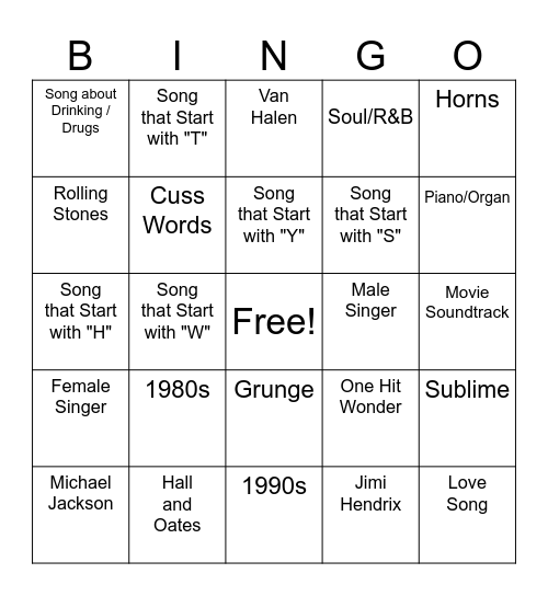 Music Bingo Card