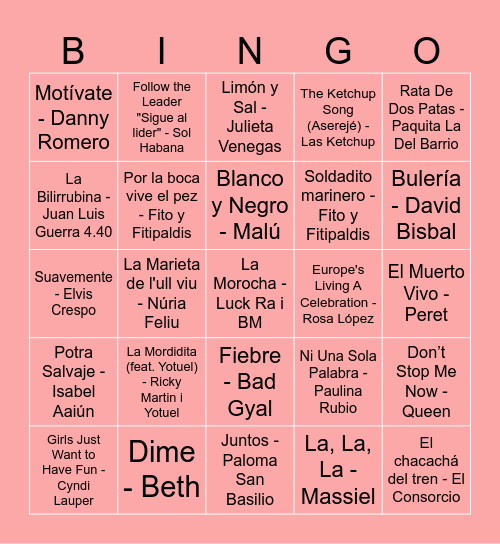 Bingo Musical Ravalero Bingo Card
