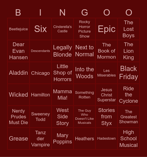 Musicals I Know Bingo Card