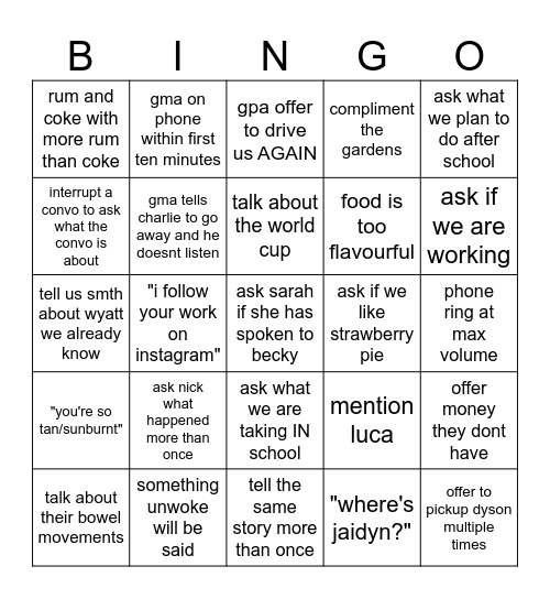 grandparents Bingo Card