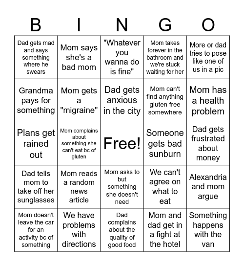 Trip Bingo Card
