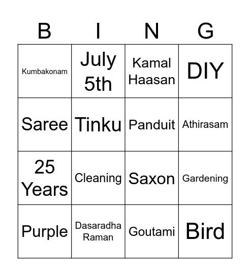 Sathya Birthday Bingo Card