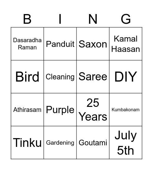 Sathya Birthday Bingo Card