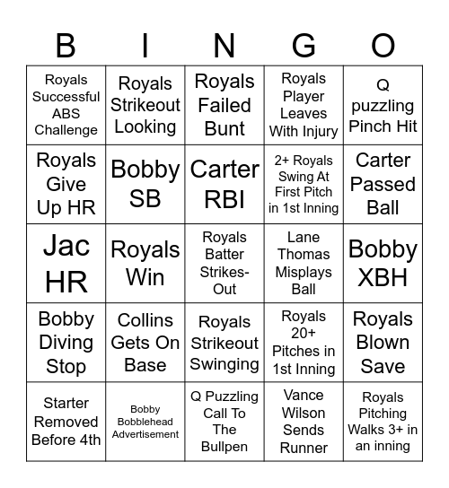 Royals Bingo Card