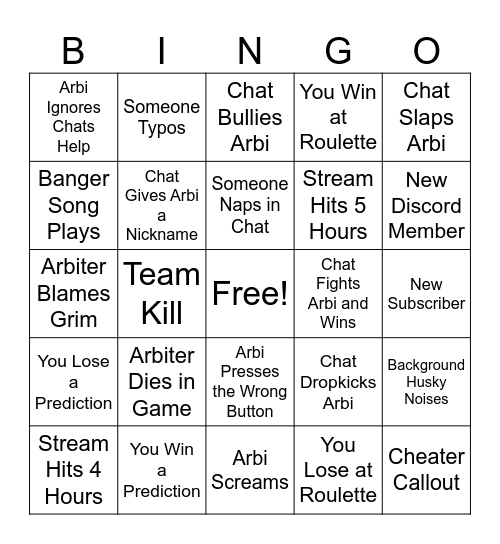 Arbiter BINGO Card