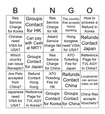 Asia 1 Bingo Card