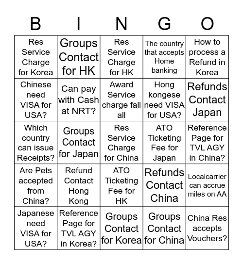 Asia 1 Bingo Card