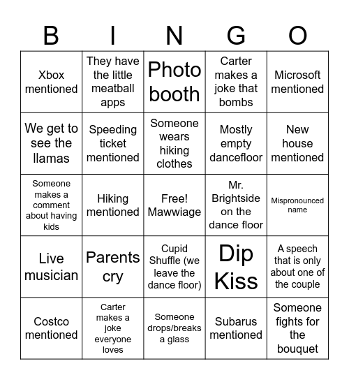 Mawwiage Bingo Card