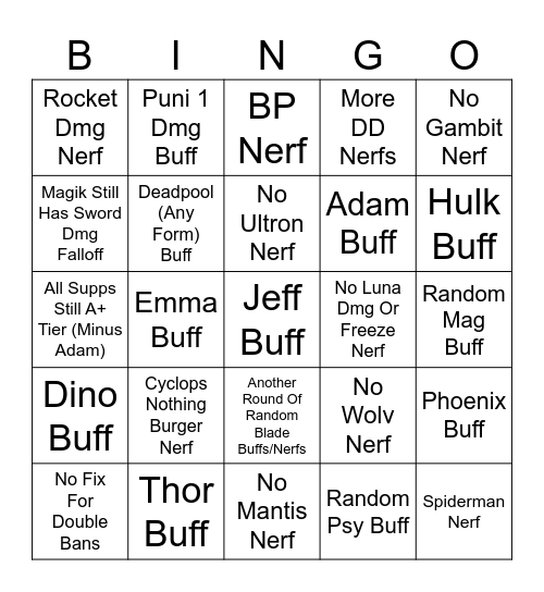 Rivals Season 9 Patch Notes Bingo Card