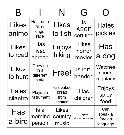 Icebreaker Bingo Card