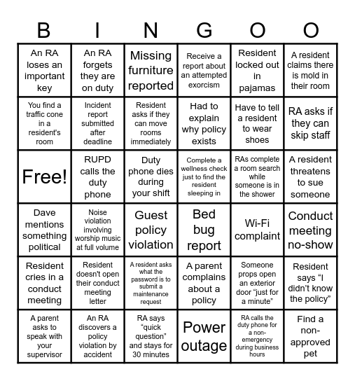 ResLife Bingo Card