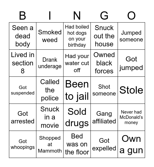 Hood Bingo Card