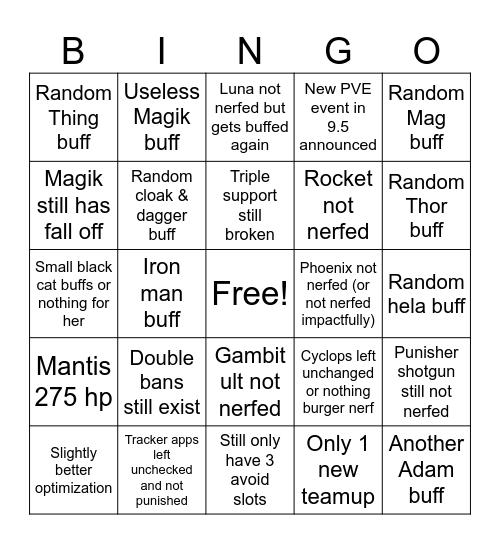 Season 9 changes (balance and game) Bingo Card