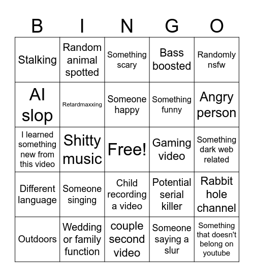 Youtube bingo Card