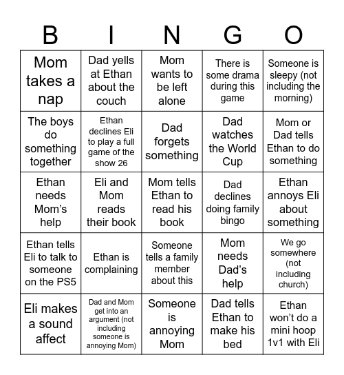 Family Bingo (Eli is the ref) Bingo Card