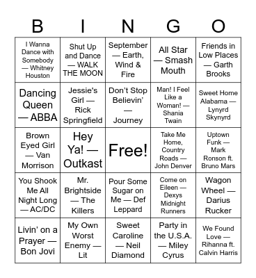 Bar Bangers & Sing-Alongs Bingo Card