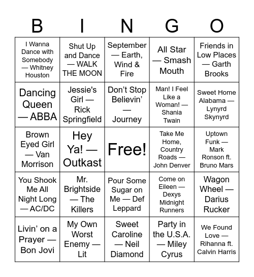 Bar Bangers & Sing-Alongs Bingo Card