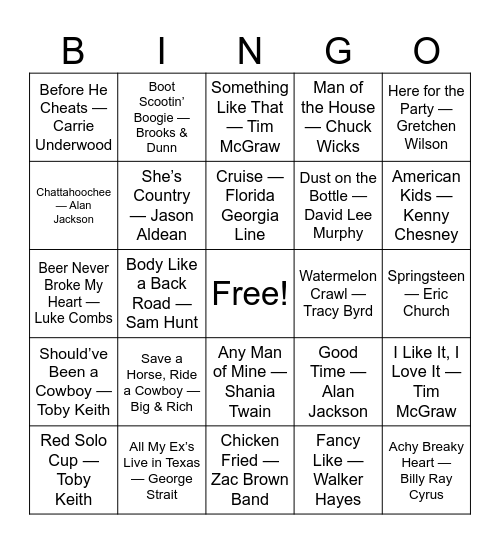 Country Kick-Up Bingo Card
