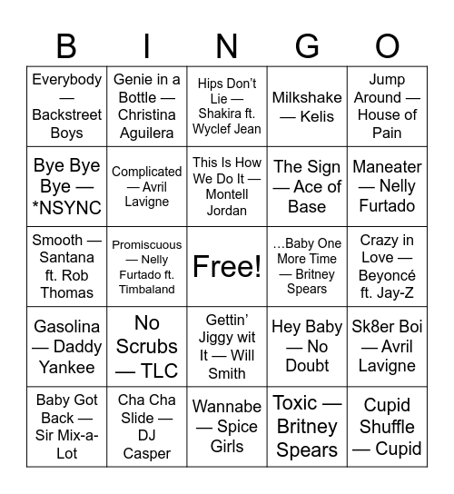 90s vs 2000s Dance Floor Bingo Card