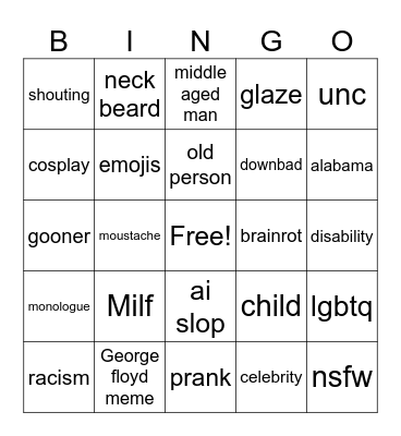 Insta Cringe Bingo Card