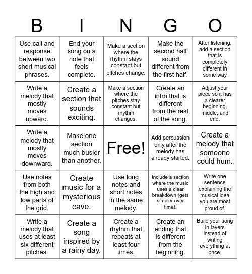 Chrome Music Lab Bingo Card