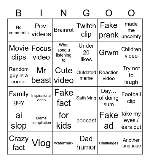 Youtube shorts Bingo Card
