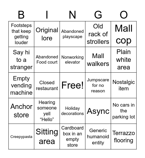 Liminal Space- Dead Mall Bingo Card