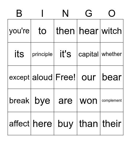 Homophone Bingo Card