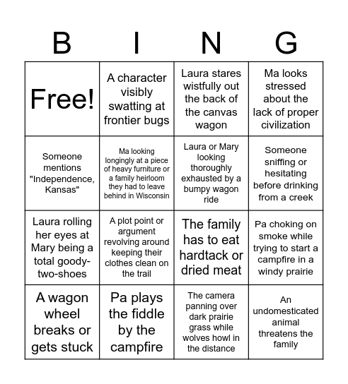 Little House on the Prarie - Netflix Episode 1 Bingo Card
