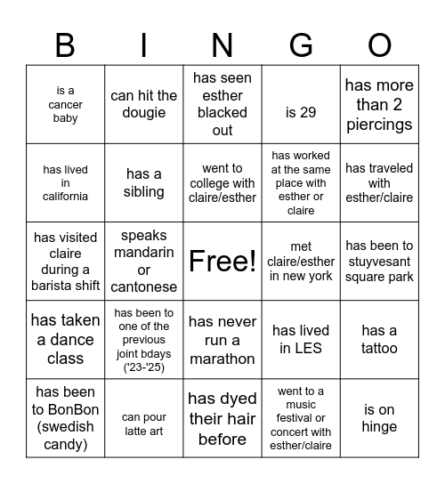 clur and estur bday bingo Card