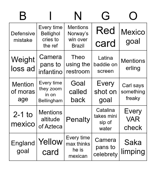 Mexico V. England Bingo Card