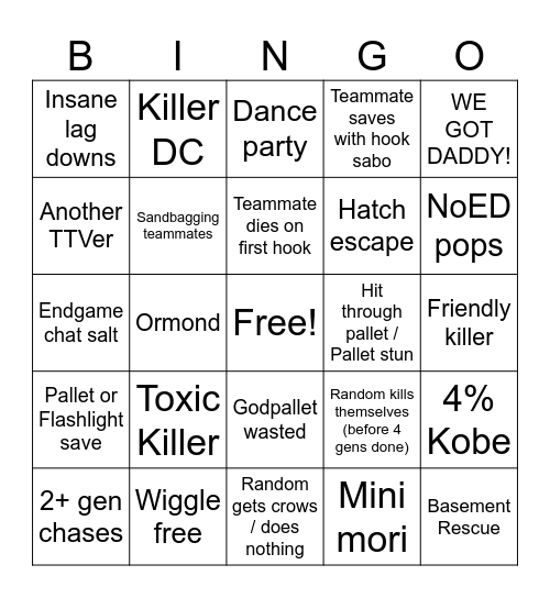 Dead by Daylight Bingo Card