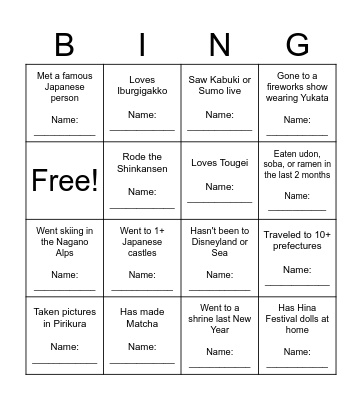 Things I've Done in Japan Bingo Card