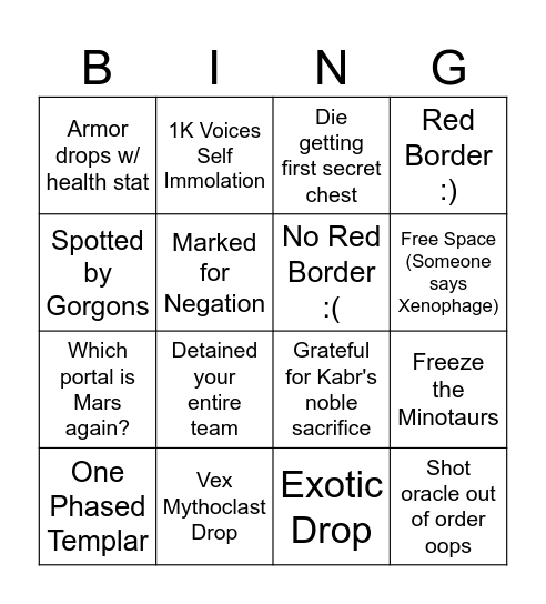 Vault of Glass BINGO Card