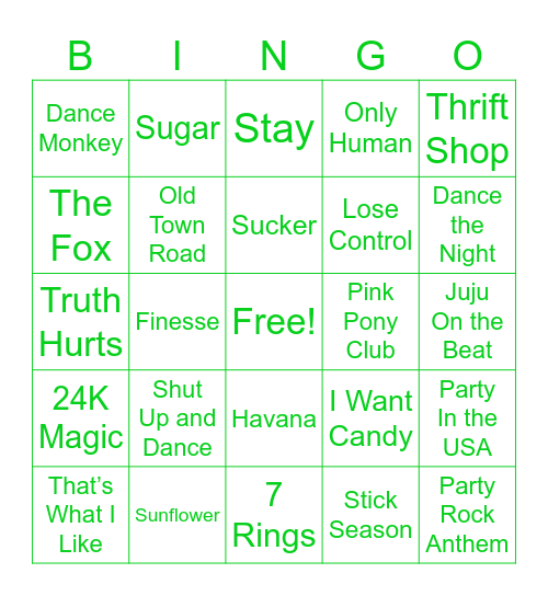 Kidz Bop Bingo Card