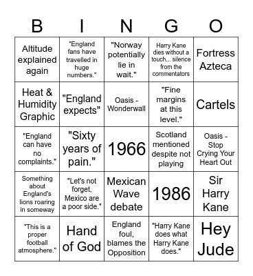 England v. Mexico Commentary Bingo Card